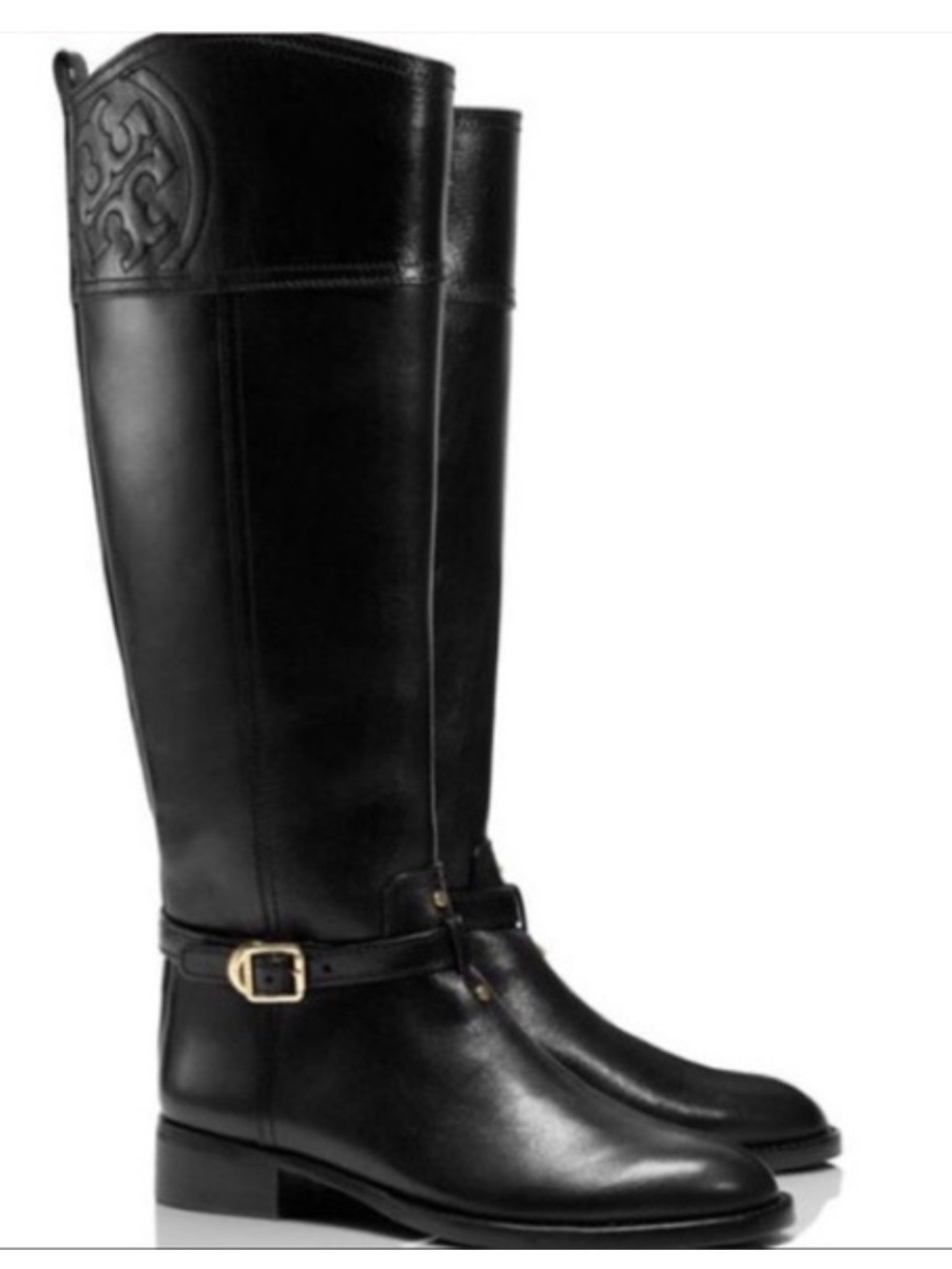 Tory Burch junction Black Leather Riding Boots with Logo Detail gold size 6.5 💕